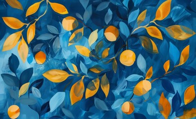 Vibrant oranges and lush green leaves are delicately depicted on a rich blue canvas in this still life painting.