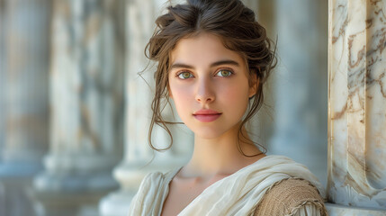 Portrait of an young beautiful woman wearing ancient Rome dress. (AI generated)
