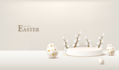 Wesołych Świąt Wielkanocnych. Świateczna kartka Wielkanocna z podium służącym do prezentacji produktu na sprzedaż. Bazie i jajka wielkanocne na szarym i białym tle. Ilustracja wektorowa.
