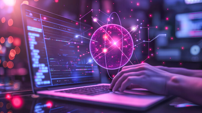 Quantum Computing and Advanced Data Analysis - Closeup view of hands working on laptop atomic nucleus light projection 