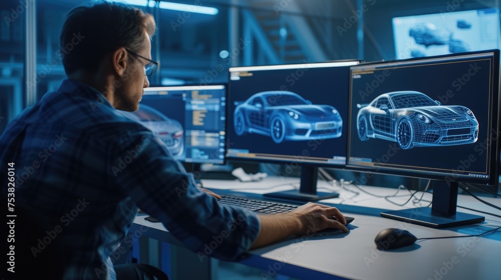 Poster a man sits at a desk with two computer monitors, using a personal computer and peripherals for engin