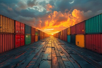 Fototapeta premium Vibrant sunset seen through a symmetrical arrangement of colorful shipping containers, reflecting on the floor