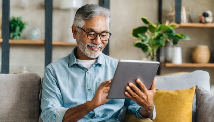  Cheerful senior man having video call on tablet sitting on the couch at home elderly man wearing eyeglasses staying in touch with friends and family using online video call connecting with people