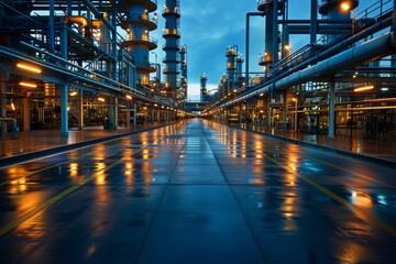 A pristine view of an industrial complex with reflective flooring enhancing the visual effect of the scene