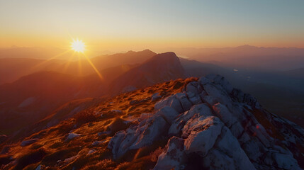 A breathtaking panorama from a rocky summit at dawn