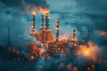 Obraz premium An industrial oil refinery emitting fumes and pollution, engulfed in thick fog creating a haunting and impactful environmental image