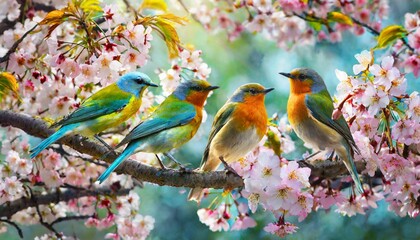Colorful Bird. Songbird in Cherry Blossoms