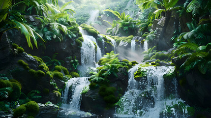 A cascading waterfall framed by lush greenery and moss-covered rocks