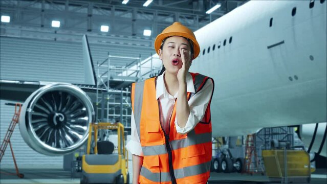 Asian Female Engineer With Safety Helmet Yelling With Hand Over Mouth While Standing With Aircraft In The Hangar