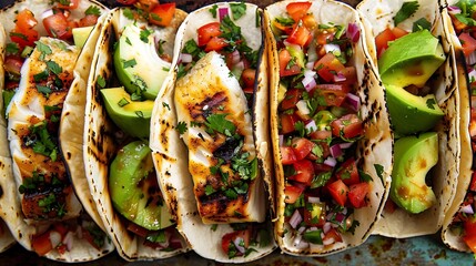 A colorful array of tacos filled with grilled fish, avocado, and tangy salsa
