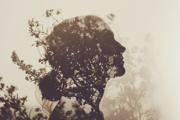 Double exposure of a profile of a woman, and bushes and flowers - AI Generated