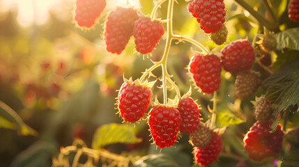 A cluster of ripe raspberries awaiting harvest in the warm sun
