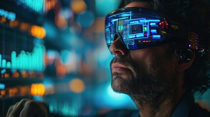 Virtual reality, VR hologram and business man review stock exchange statistics, augmented administration or AI software