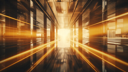Modern corporate hallway bathed in warm golden light rays, dynamic futuristic atmosphere. Perspective leads to a bright white light at the end, suggesting motion and progress within a business context
