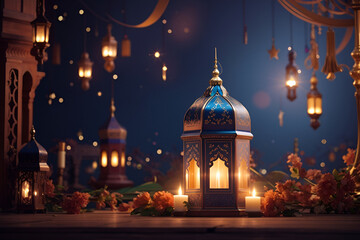 Dates fruit with a background of city lights and a Ramadan Kareem lantern.