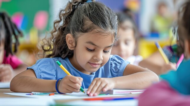 young school children drawing at a kindergarten, concentrating but happy, colourful ai generative high quality image