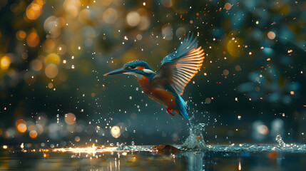 A colorful kingfisher diving into a sparkling river for prey - obrazy, fototapety, plakaty