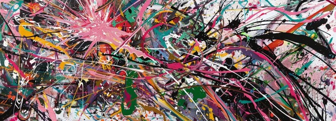 A close-up view of a painting covered in vibrant splatters of paint, creating a dynamic and textured composition.