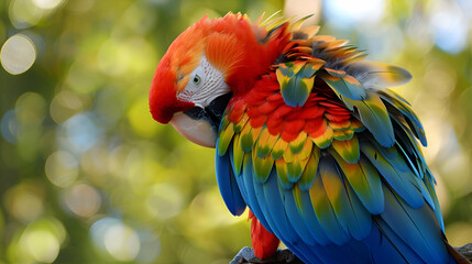 Obraz premium A colorful macaw preening its feathers in the warm summer sun