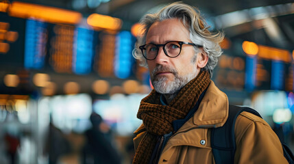 A man wearing glasses and a scarf stands in a busy airport terminal