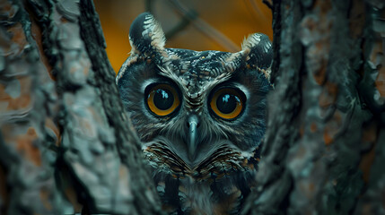A curious owl peering out from the depths of a forest - obrazy, fototapety, plakaty