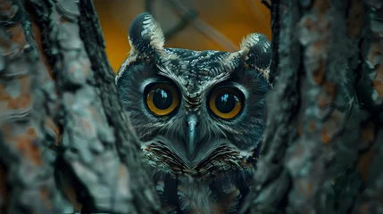 Gordijnen A curious owl peering out from the depths of a forest © Muhammad