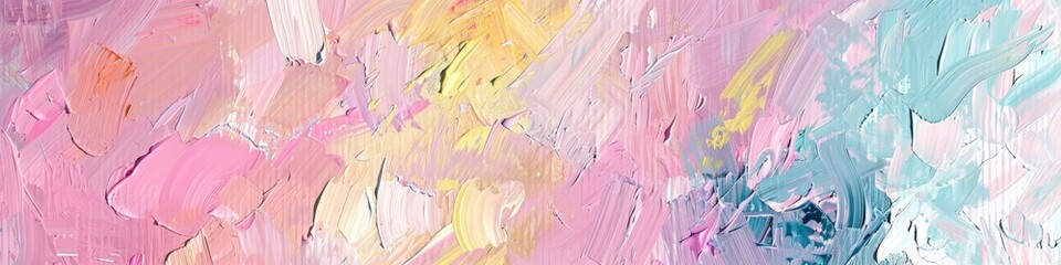 Bold abstract painting with dominant pink, blue, and yellow hues creating a dynamic composition.