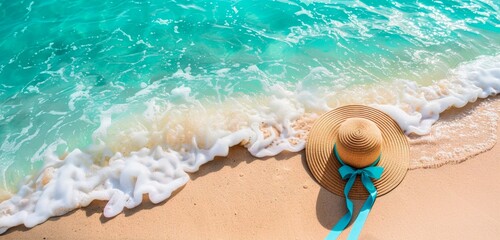 Sunny summer background with a straw hat a on a white sand beach with turquoise sea water. Vacation...