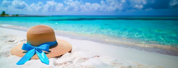 Sunny summer background with a straw hat a on a white sand beach with turquoise sea water. Vacation...