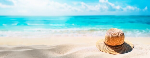Fototapeta na wymiar Sunny summer background with a straw hat a on a white sand beach with turquoise sea water. Vacation concept banner, mockup design template for travel advertising and promotion, copy space for text