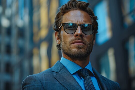 A stylish businessman in sunglasses stands against an office building backdrop