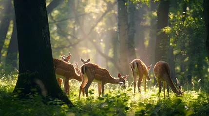 Papier Peint photo Noir A family of deer grazing in a sun-dappled forest clearing