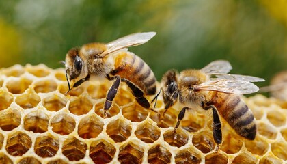  Bees sitting on a honeycomb to collect food, honey and pollen