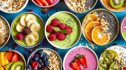 A colorful array of smoothie bowls topped with sliced fruits, chia seeds, and granola