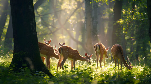 Fototapeta A family of deer grazing in a sun-dappled forest clearing