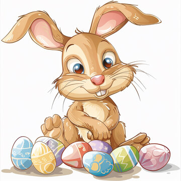The magic of Easter, enchanted rabbit and colorful eggs. Image produced by artificial intelligence.	