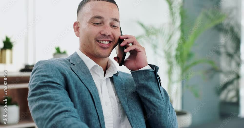 Poster businessman, phone call or laptop for online research in office or talking of information on website