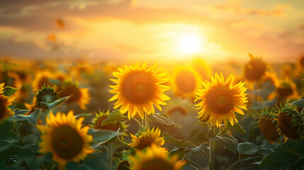 Obraz premium A field of sunflowers stretching towards the golden sun