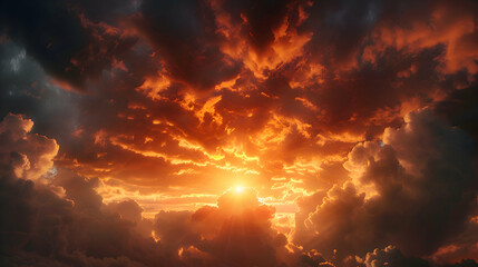 Fototapeta premium A fiery sunset breaks through storm clouds after the deluge