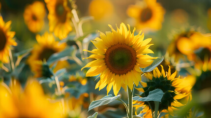 Fototapeta premium A gentle breeze rustling through a field of golden sunflowers