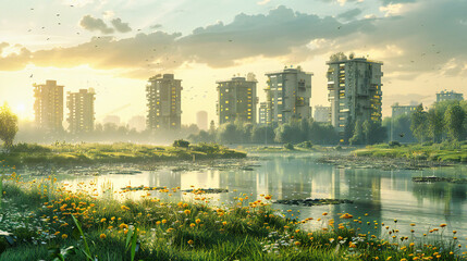 Tranquil Reflections, Urban Beauty Meets Natural Splendor, Skies Blend With Waters - obrazy, fototapety, plakaty