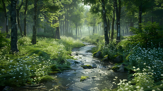 Fototapeta A gentle stream winding through a verdant forest undergrowth