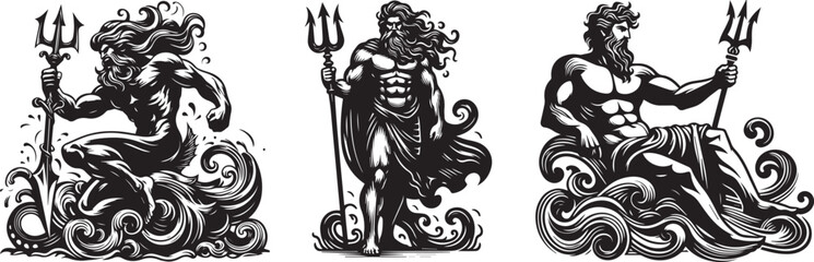 Obraz na płótnie Canvas god of seas and oceans, Poseidon or Neptune, muscular silhouette, black vector graphic