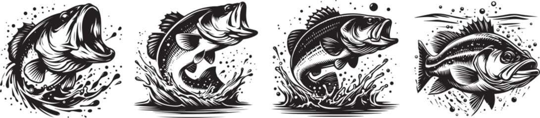 aggressive predatory fish with large mouths leaping above water surface, black vector graphic - obrazy, fototapety, plakaty