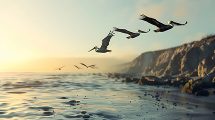 A group of pelicans soaring gracefully above a coastal shoreline - obrazy, fototapety, plakaty