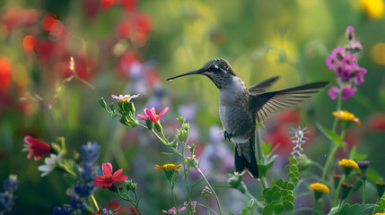 Fototapeta premium A hummingbird sipping nectar from a cluster of vibrant wildflowers