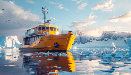 Yellow Research vessel moving by polar sea waters between huge icebergs mountains during long polar day. Climate change, Global warming and flora and fauna researching in polar zones concept. - obrazy, fototapety, plakaty