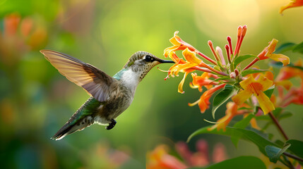 A hummingbird sipping nectar from a trumpet-shaped honeysuckle flower