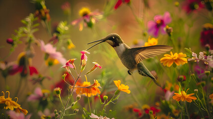 A hummingbird sipping nectar from a cluster of vibrant wildflowers