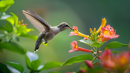 Naklejka premium A hummingbird sipping nectar from a trumpet-shaped honeysuckle flower